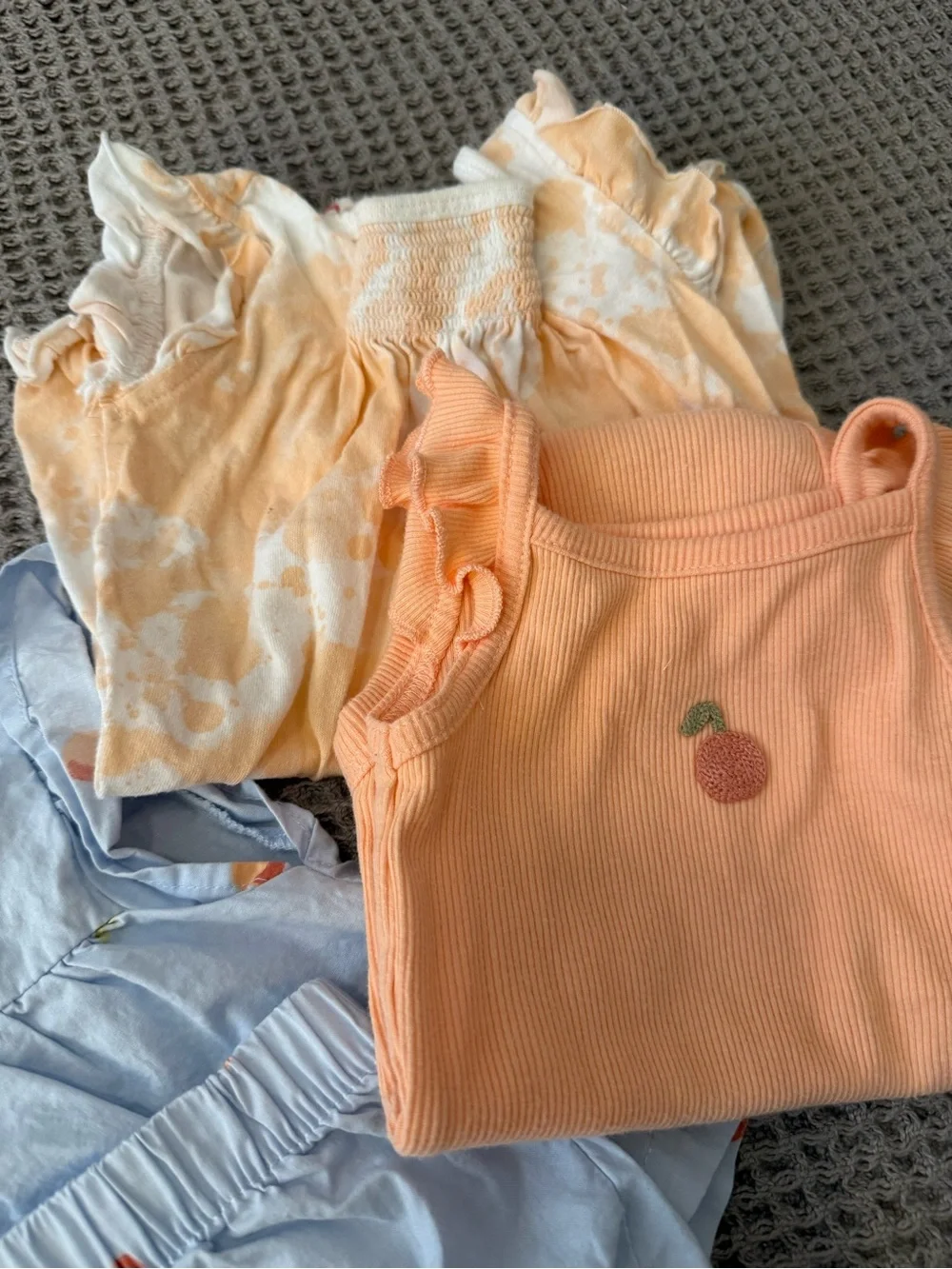 Carters + Burts Bees Baby Girl Bundle  0-3mo, Peach + Light Blue Outfits